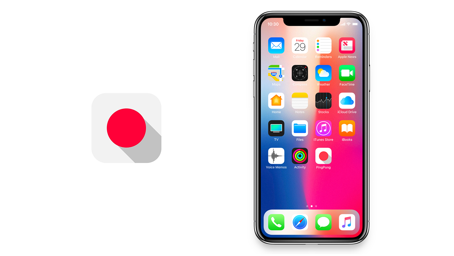 PingPong app icon, a red dot with a long gray shadow, enlarged beside an iPhone home screen showing the app.