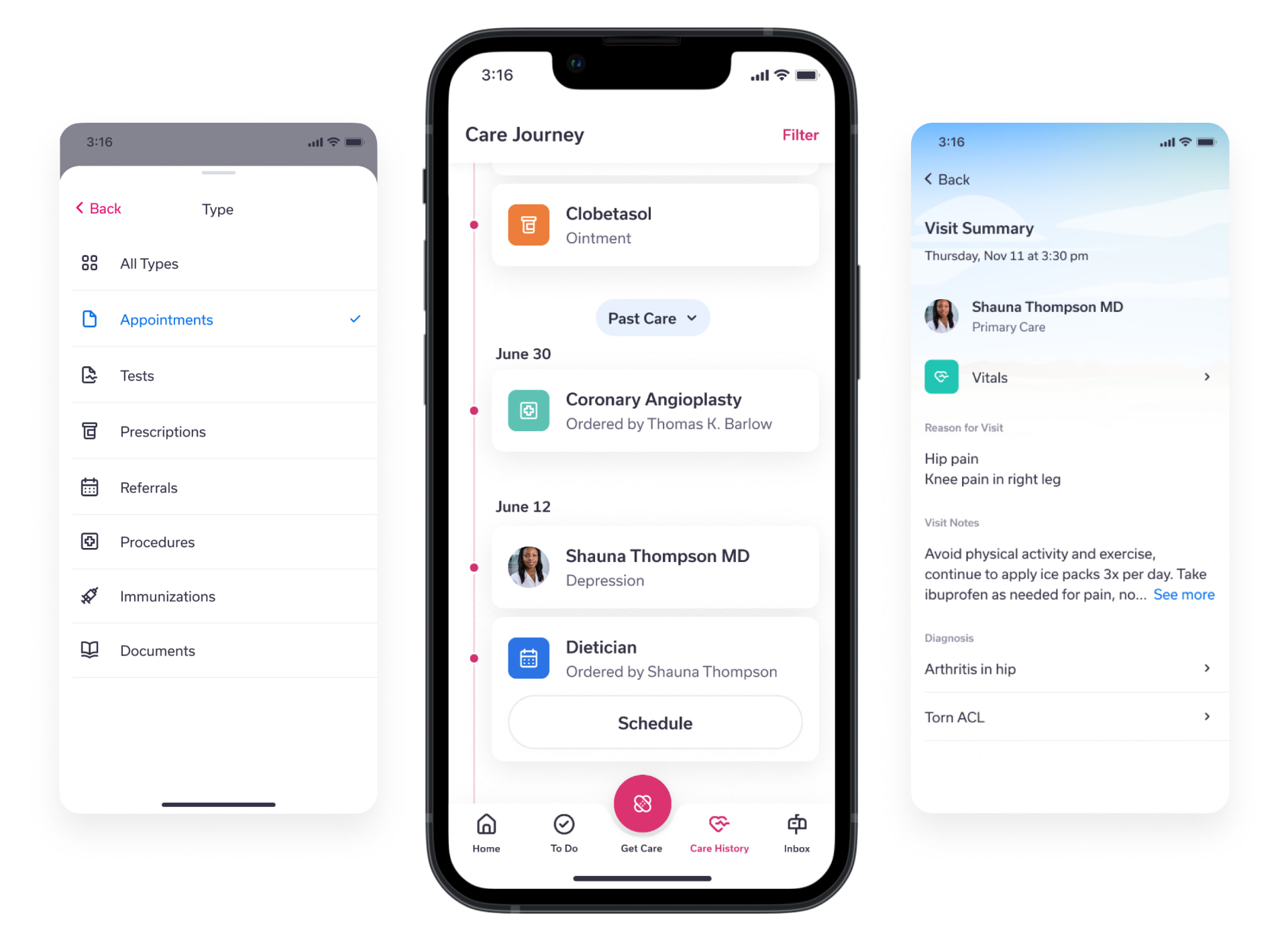 Three Tendo app screens: a filter list of care types, the Care Journey timeline of past and upcoming care, and a visit summary with notes and diagnoses.